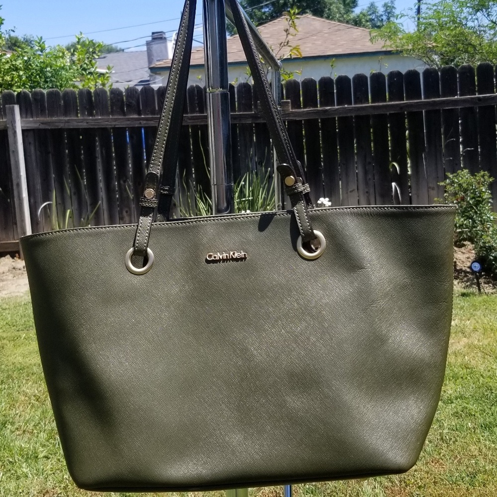 Calvin Klein Khaki Green Saffiano Coated Tote Bag